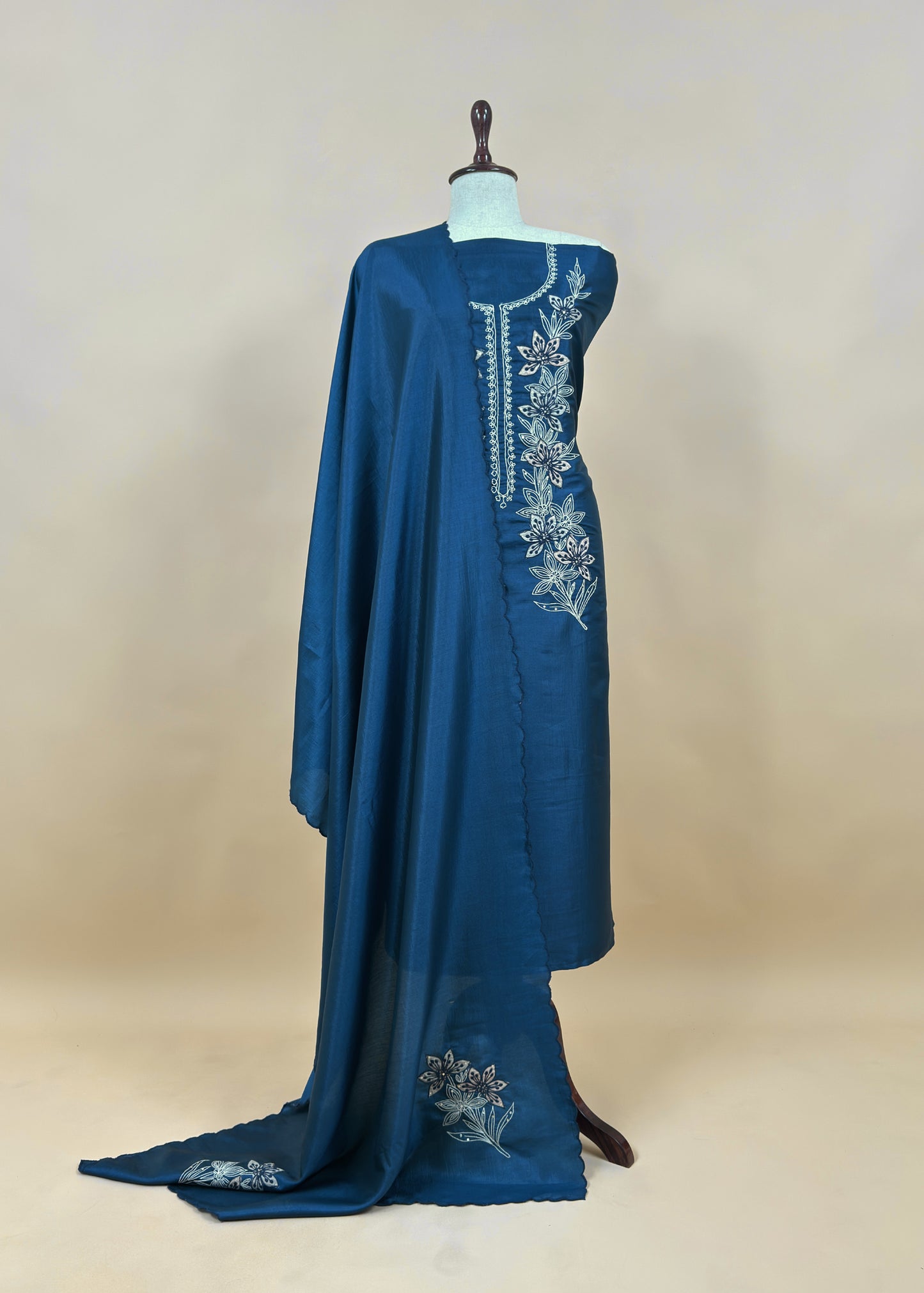 Bottle Green Satin Silk Suit Fabric With Dori And Zardosi Embroidery