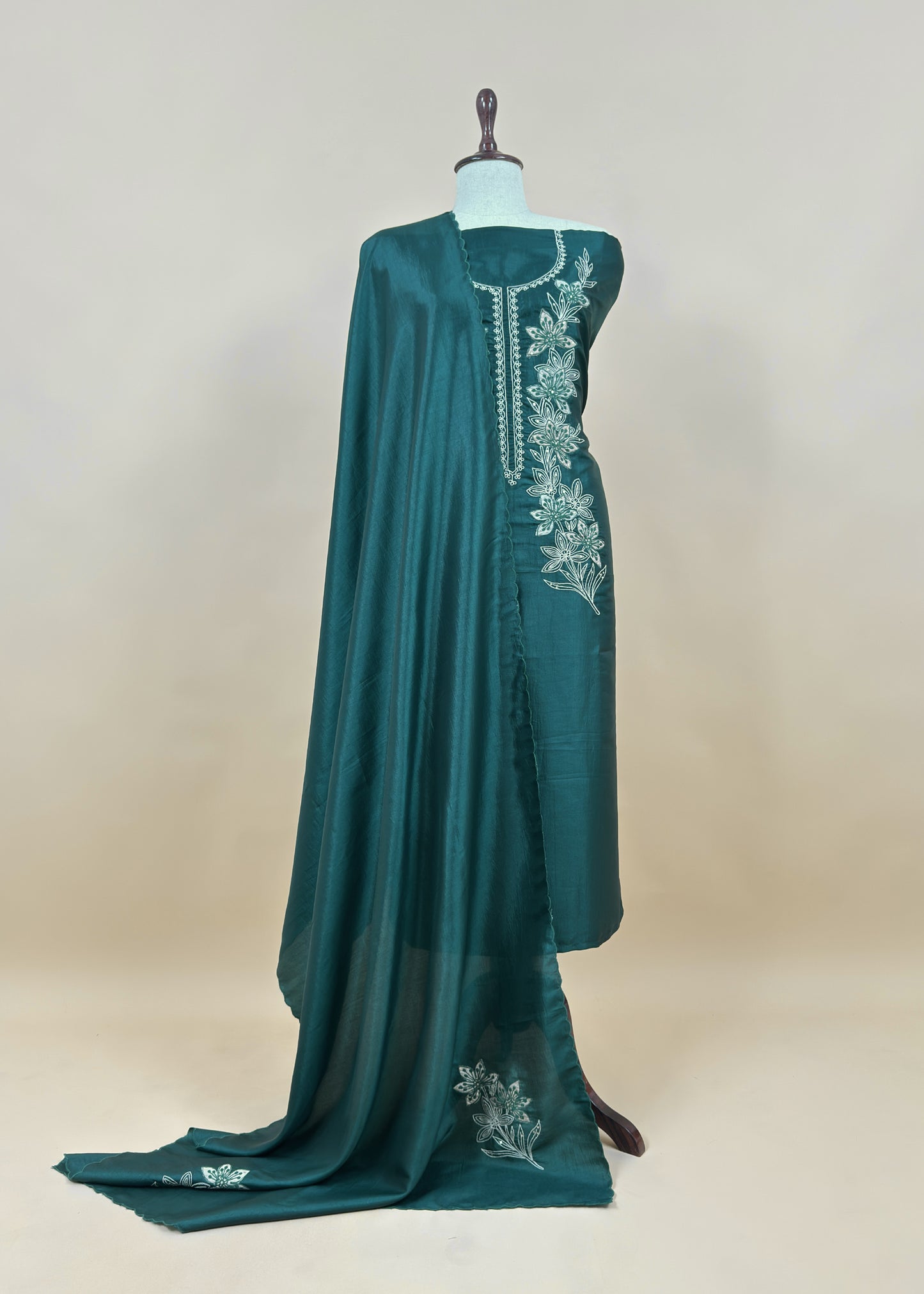 Bottle Green Satin Silk Suit Fabric With Dori And Zardosi Embroidery