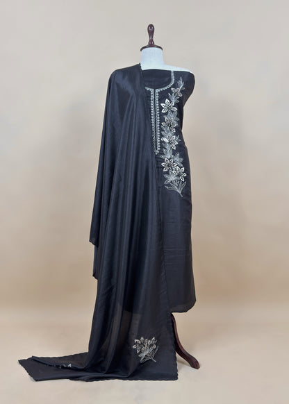 Black Satin Silk Suit Fabric with Dori And Zardosi Embroidery