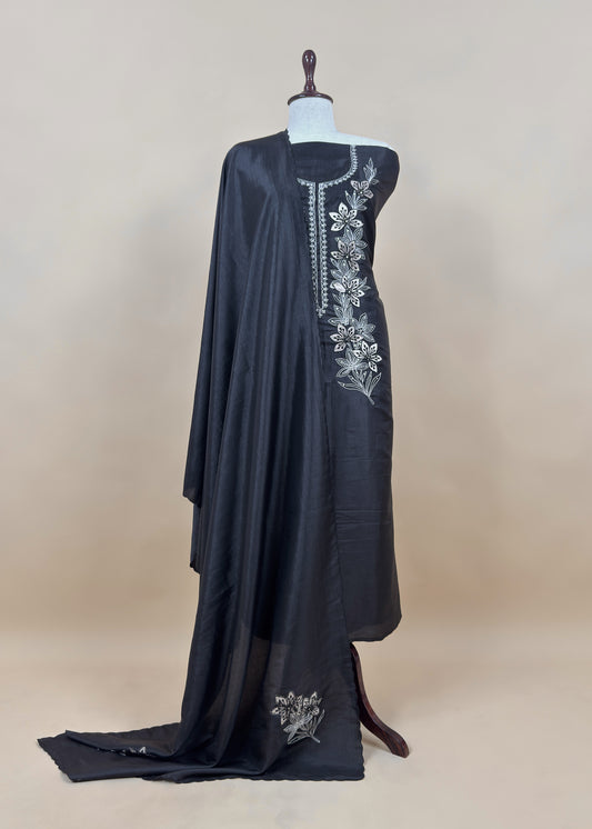 Black Satin Silk Suit Fabric with Dori And Zardosi Embroidery