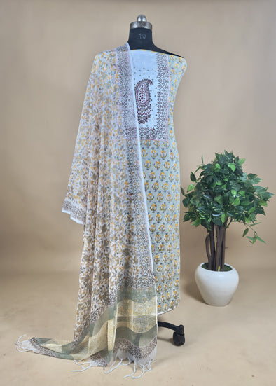 Green Handblock Cotton Suit With Kota Dupatta