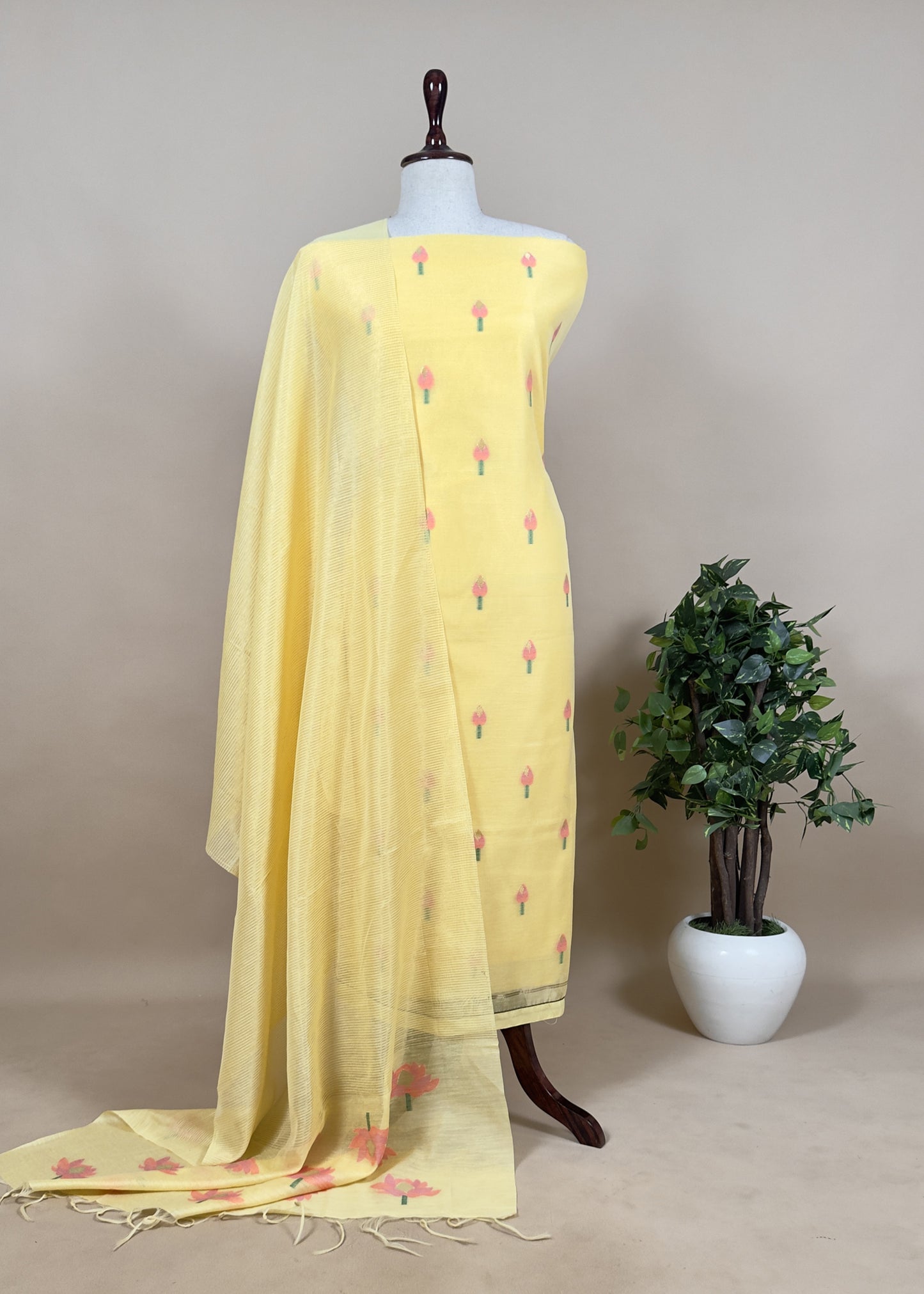 Yellow Chanderi Silk Suit With Jamdani Weaves