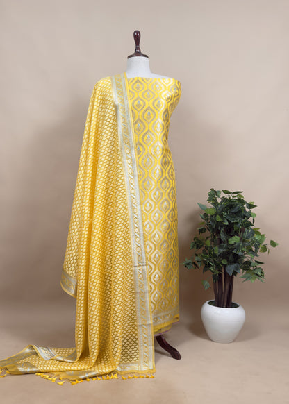 Yellow Handloom Kora Silk With Kadwa Weaves