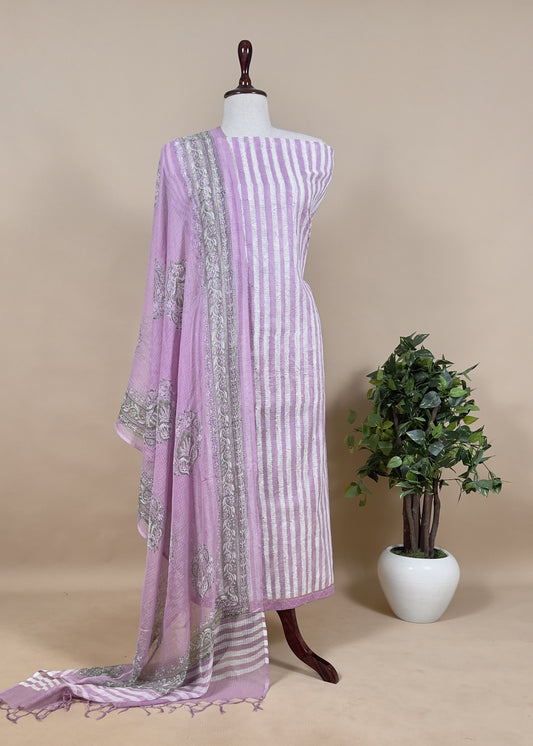 Lavender Embroidered Kota Unstitched Suit With Kota Dupatta