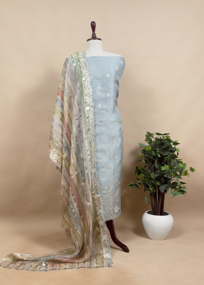 Sky Blue Kalasheel Luxe Organza Suit with Pitta Hand Work