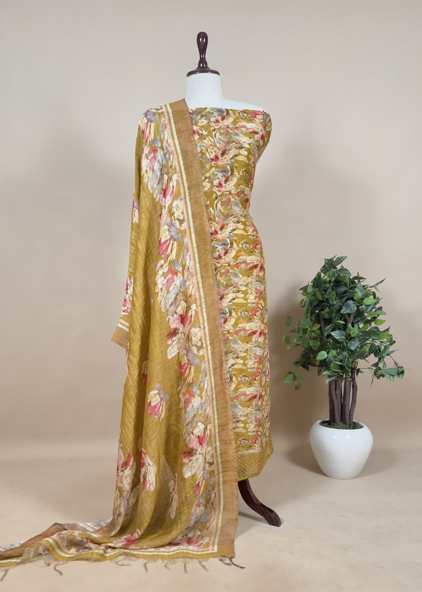 Golden Yellow Handloom Linen Silk Suit With Digital Print