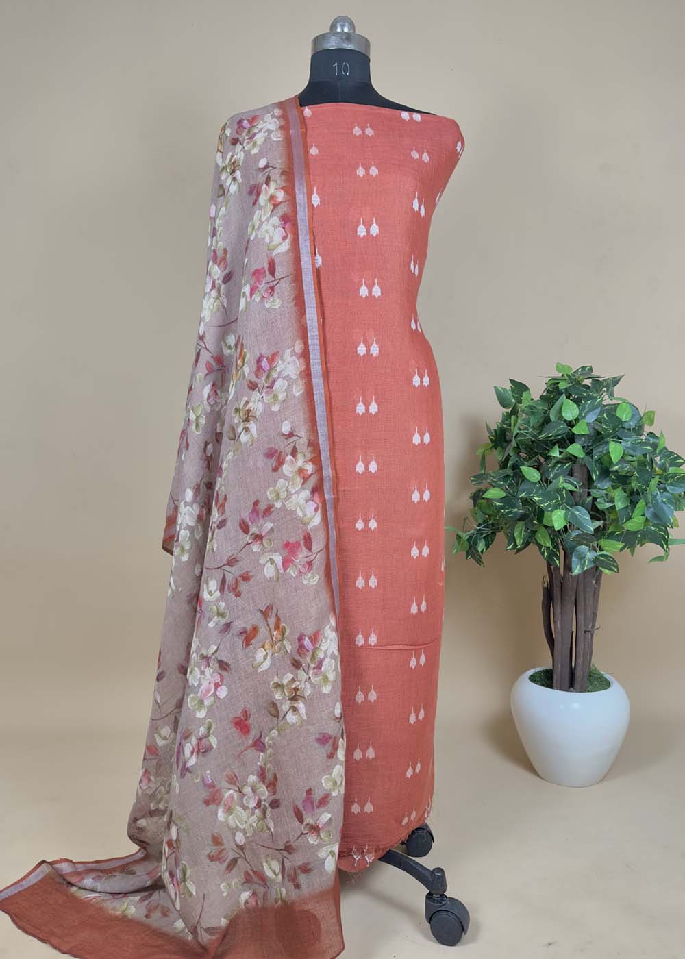 Copper Embroidered Linen Suit With kalamkari Dupatta