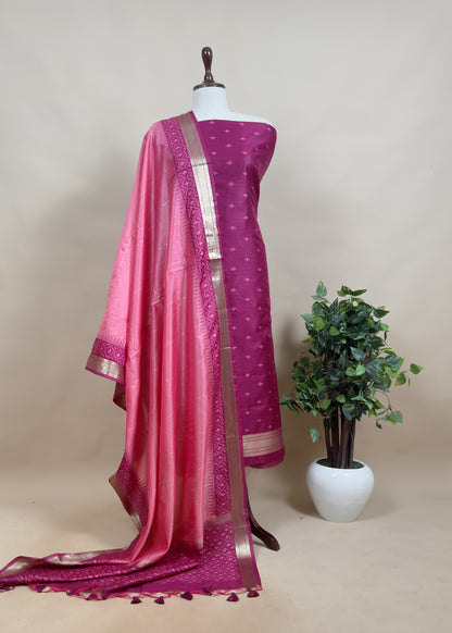 Double Shade Green Chanderi Blend Ikkat Suit Set With Zari borders