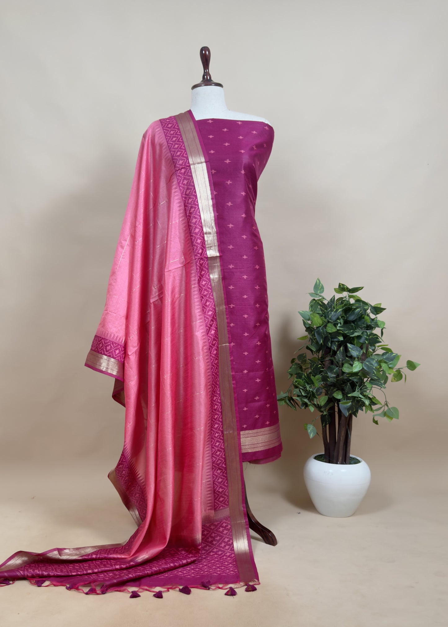 Rani Pink Chanderi Blend Ikkat Suit Set With Zari borders