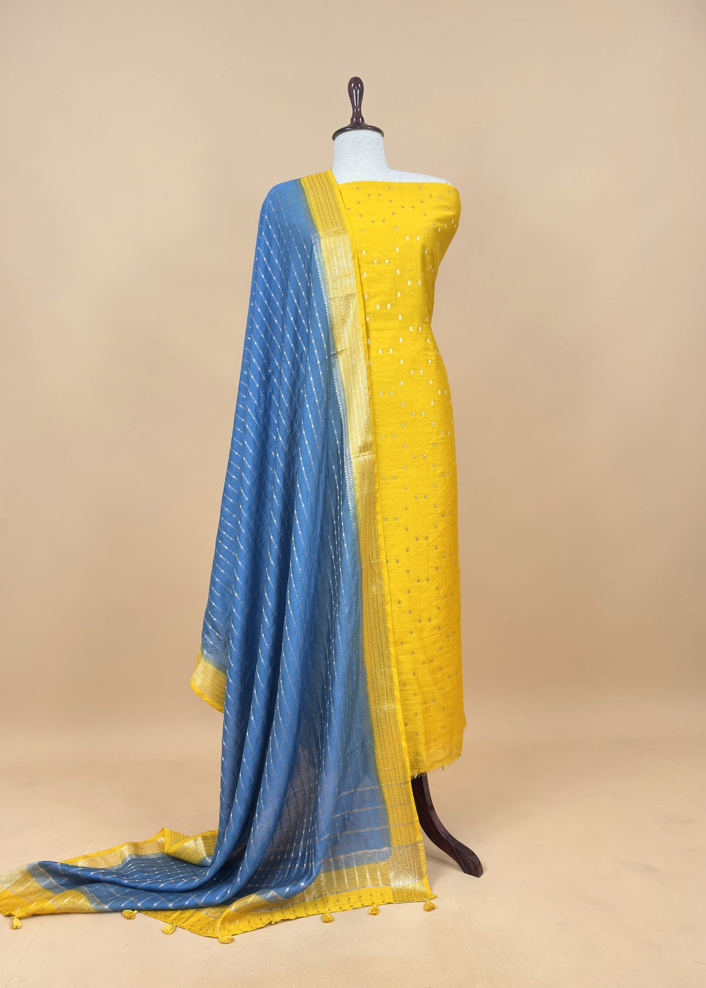 Yellow Banarasi Chanderi Suit With Contrast Dupatta
