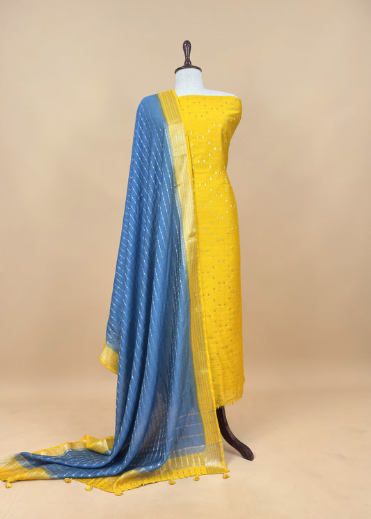 Yellow Banarasi Chanderi Suit With Contrast Dupatta