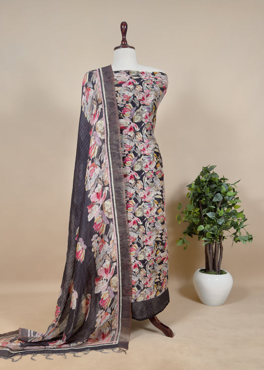 Black Handloom Linen Silk Suit With Digital Print