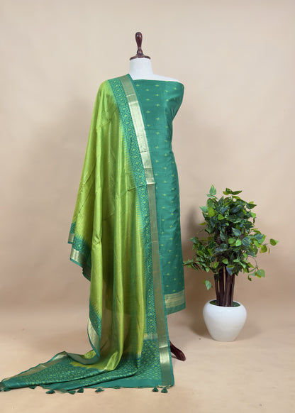 Double Shade Green Chanderi Blend Ikkat Suit Set With Zari borders