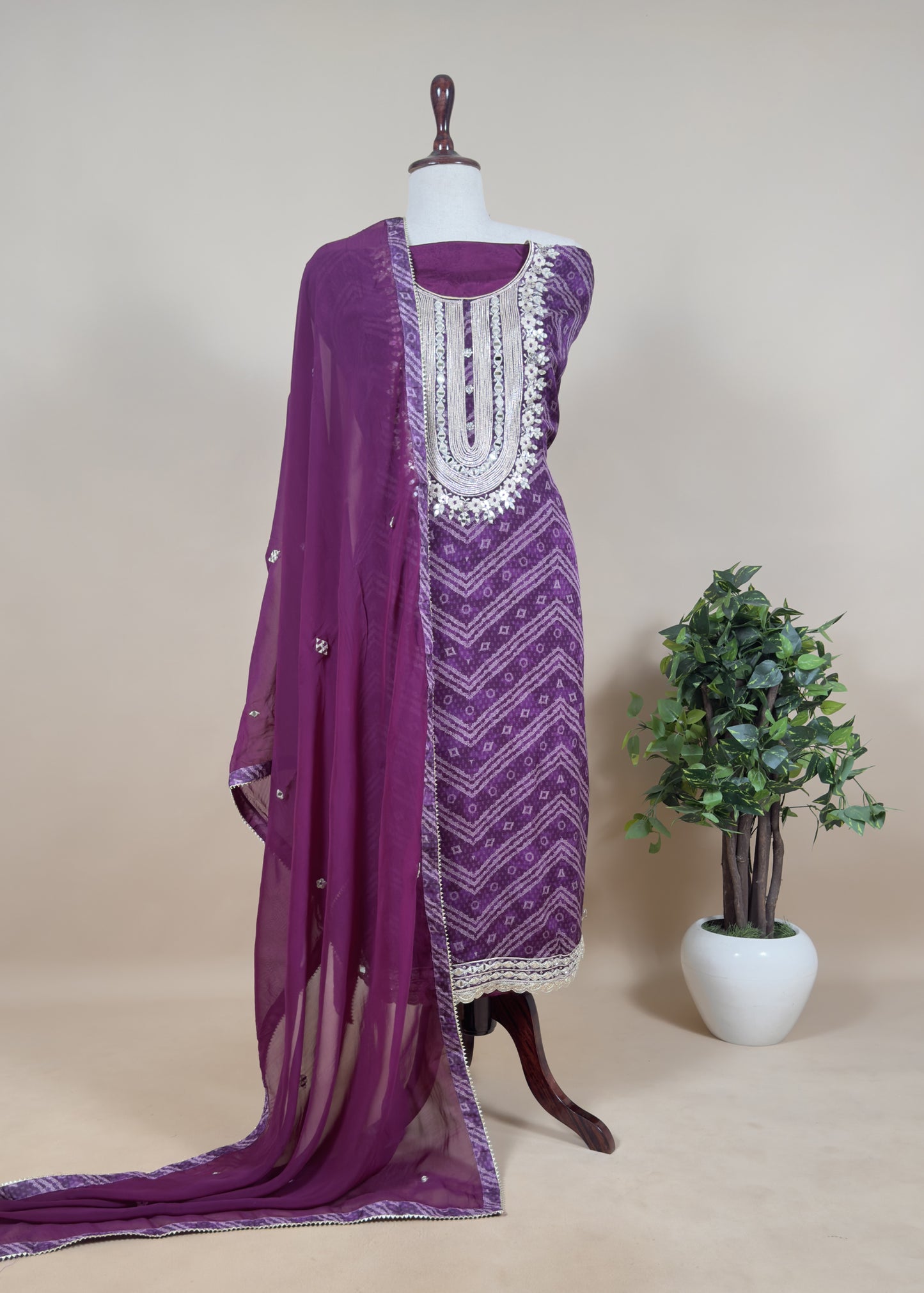 Purple Organza Unstitched Suit With Bandhani Print