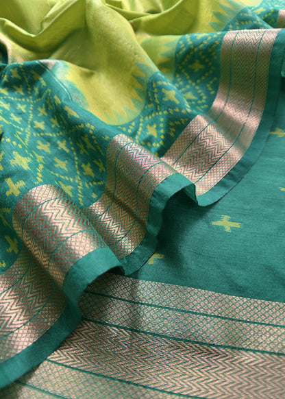 Double Shade Green Chanderi Blend Ikkat Suit Set With Zari borders