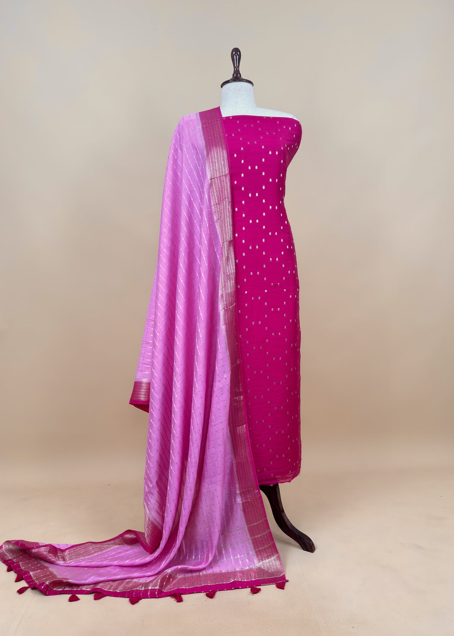 Pink Banarasi Chanderi Suit With Contrast Dupatta