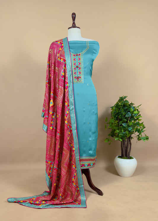 Firozi Blue Satin Silk Unstitched Suit With Phulkari Dupatta