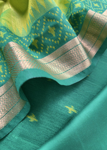 Double Shade Green Chanderi Blend Ikkat Suit Set With Zari borders