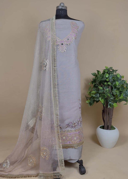 Grey Organza Net Suit Set With Gotta Patti Embroidery.