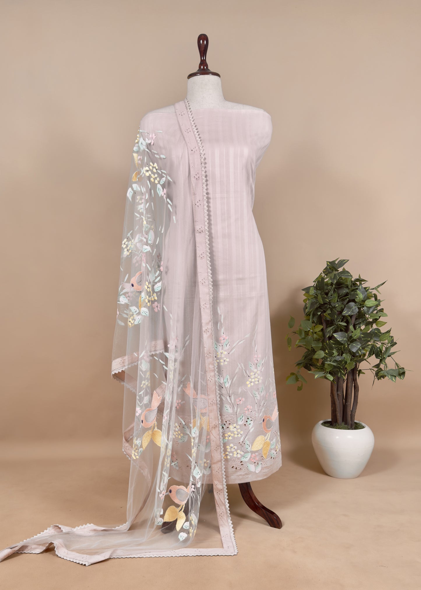 Mouvish Pink Unstitched Cotton Suit With Criss-Cross Embroidery