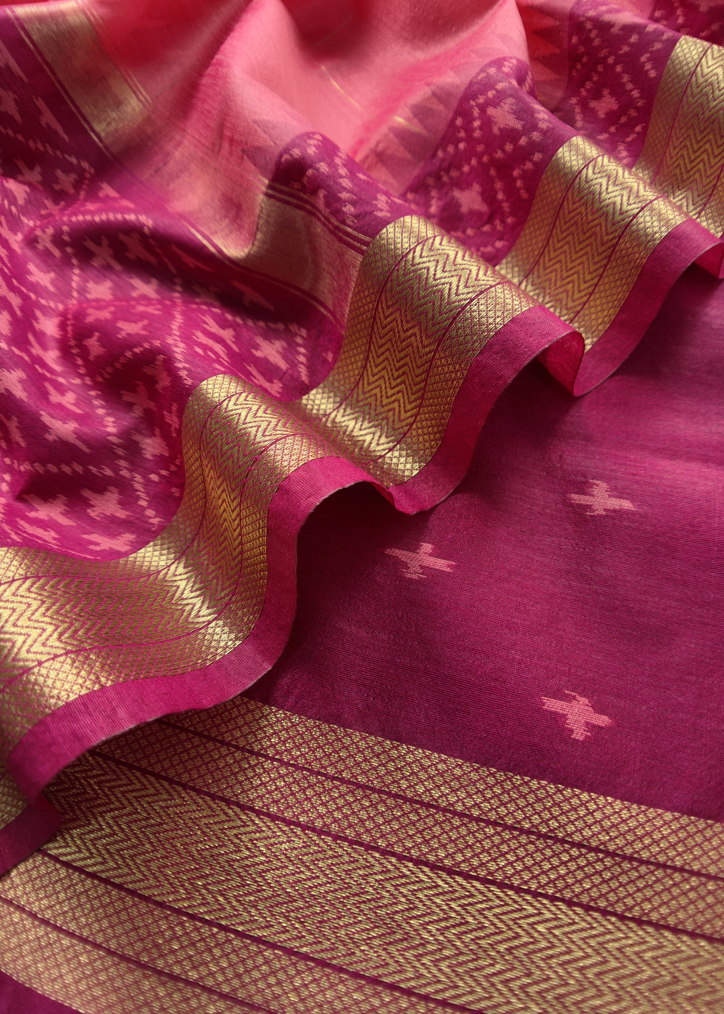 Rani Pink Chanderi Blend Ikkat Suit Set With Zari borders
