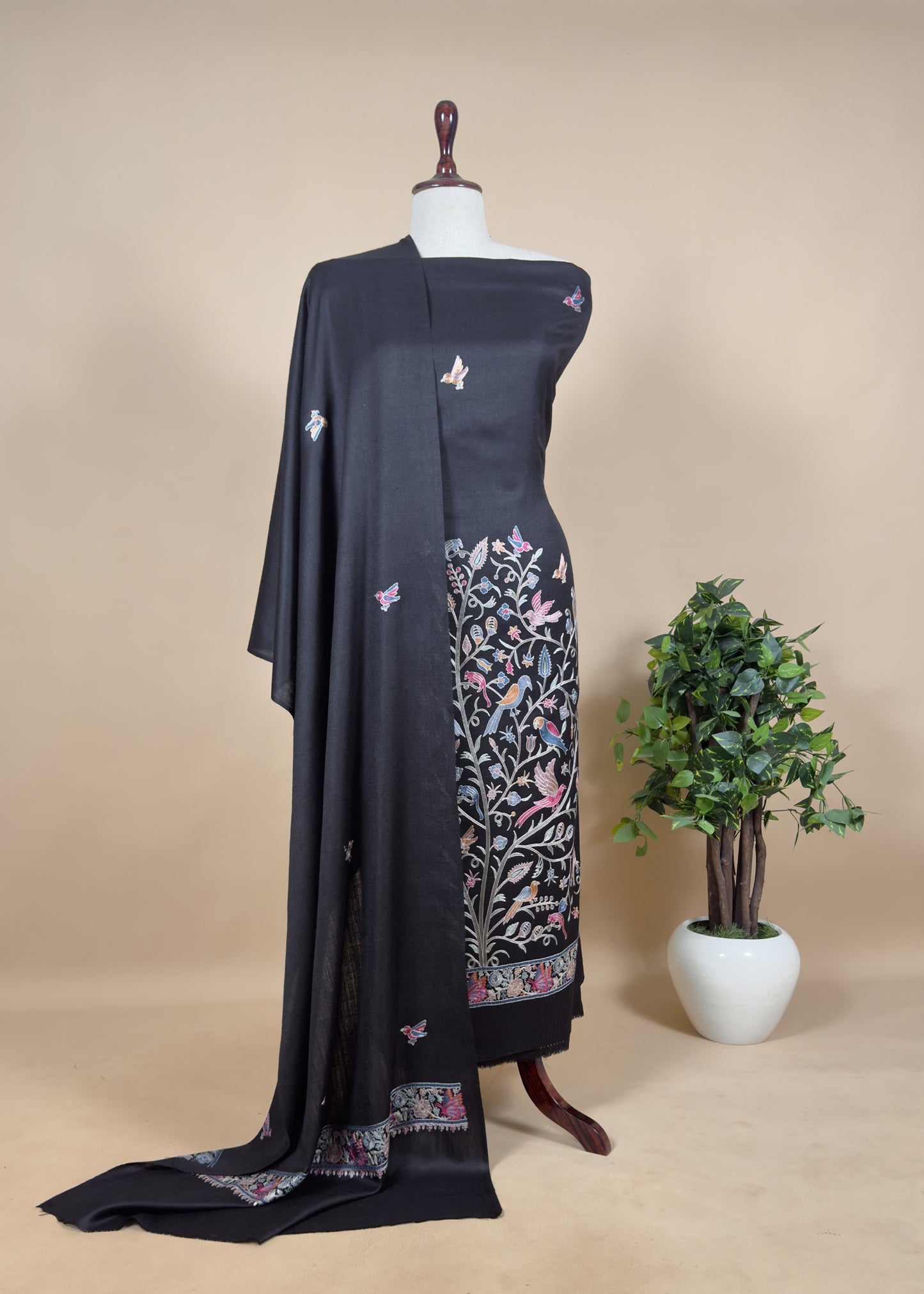 Black Unstitched Woolen Suit With Aari Zari Embroidery work