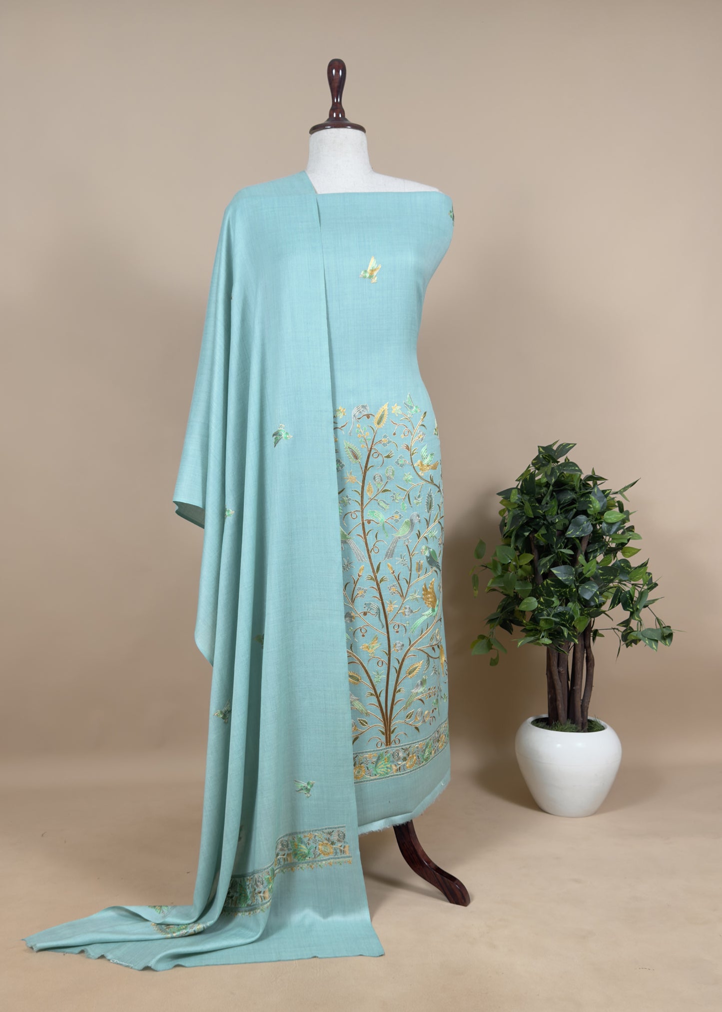 Greyish Blue Unstitched Woolen Suit With Aari Zari Embroidery Work