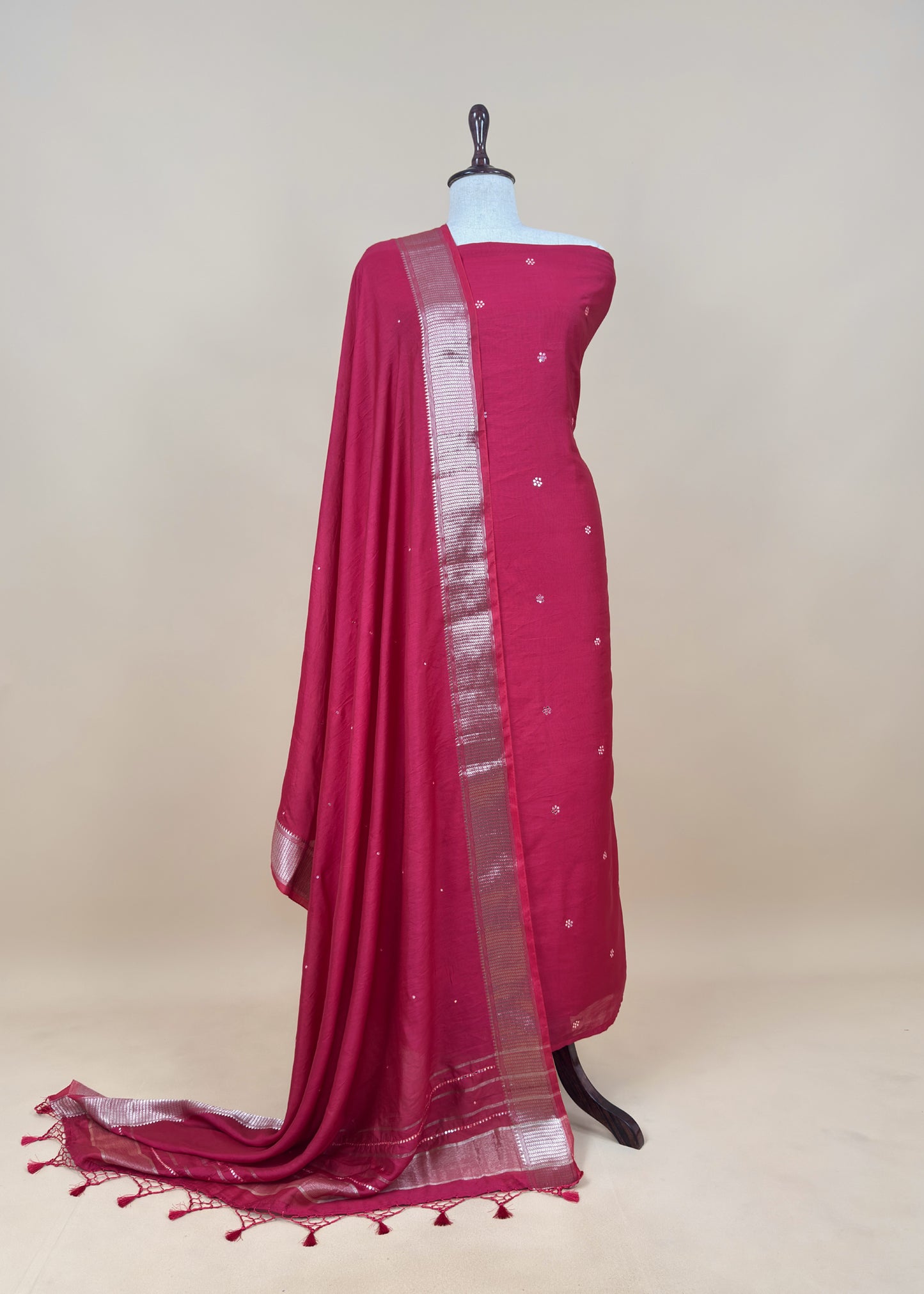Red Pure Assamese Silk Suit Fabric With Mirrors Handwork