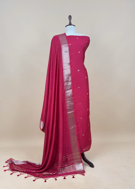 Red Pure Assamese Silk Suit Fabric With Mirrors Handwork