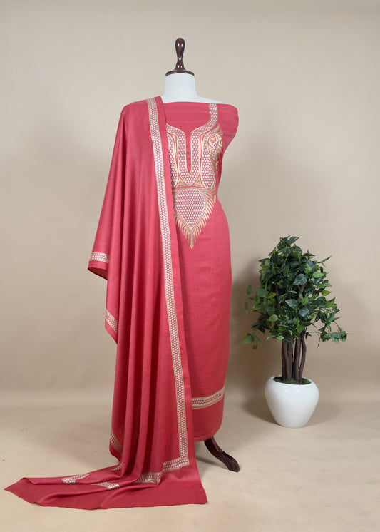 Pink Unstitched Woolen Suit With Aari Zari Embroidery work