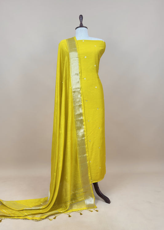 Lime Yellow Pure Assamese Silk Suit Fabric With Mirrors Handwork
