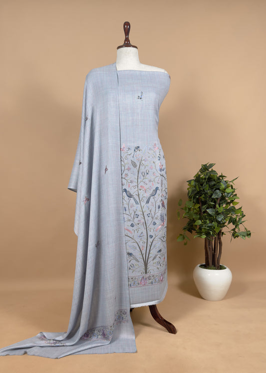 Greyish Blue Unstitched Woolen Suit With Aari Zari Embroidery Work