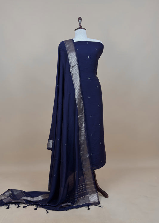 Navy Blue Pure Assamese Silk Suit Fabric With Mirrors Handwork