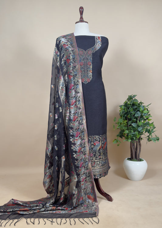 Black Kani Jamawar Silk Suit With Dupatta