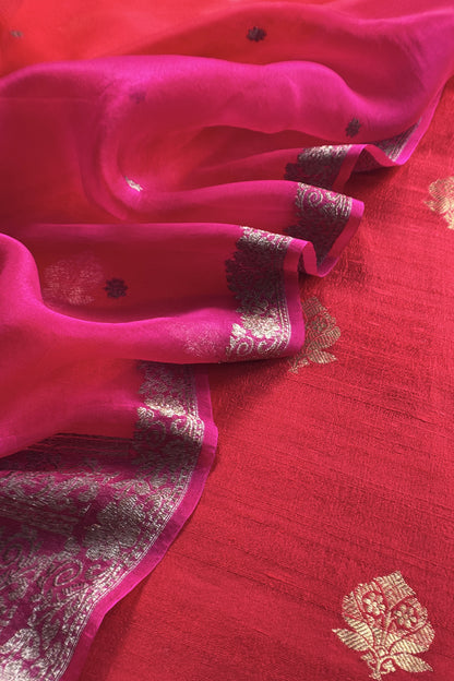 Red Handloom Raw Silk Kurta And Kora Silk Dupatta With Kadwa Weaving