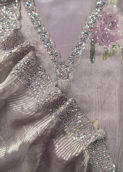 Pastel Purple Unstitched Dupatta-Suit In Handloom Tissue-Silk With Pearl And Sequins