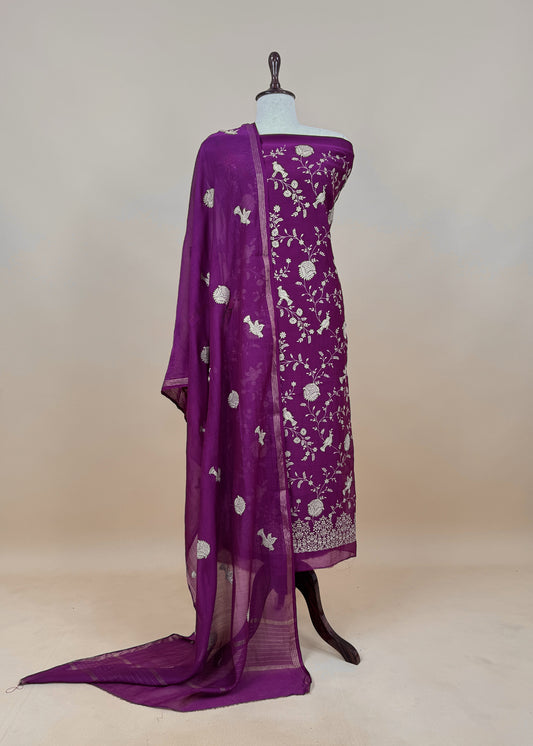 Persian Purple Chidiya Pure Mul Chanderi Suit Fabric With Aari Embroidery