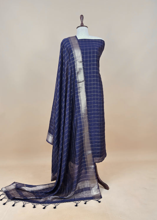 Blue Banarasi Chanderi Suit With Dupatta