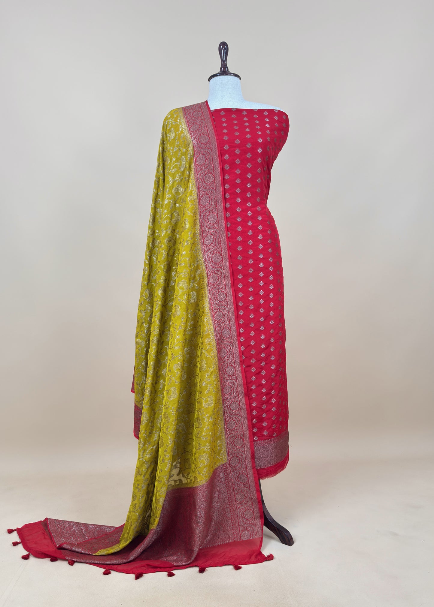 Red And Yellow Contrast Banarasi Silk Suit Fabric With Zari Weaving