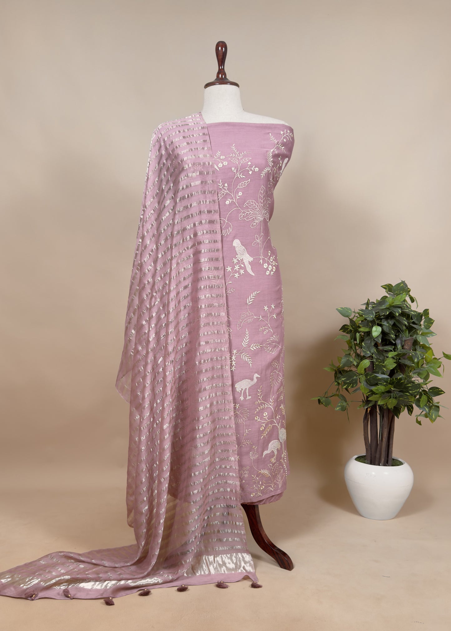 Lavender Chidiya Tales Mul Cotton Suit Set With Zari Lurex Dupatta