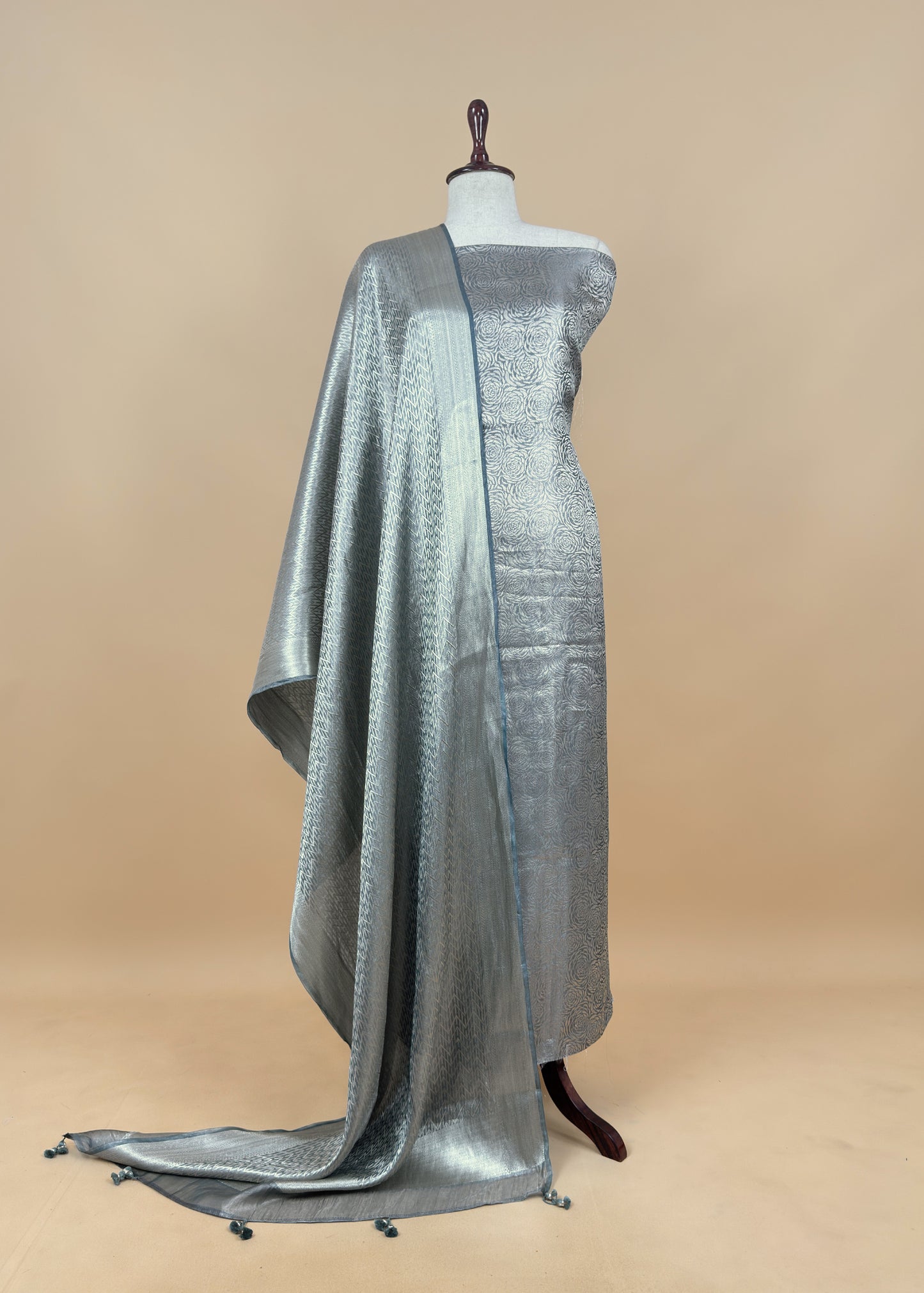 Lustre Green Roses Designer Pure Brocade Tissue Silk Suit fabric