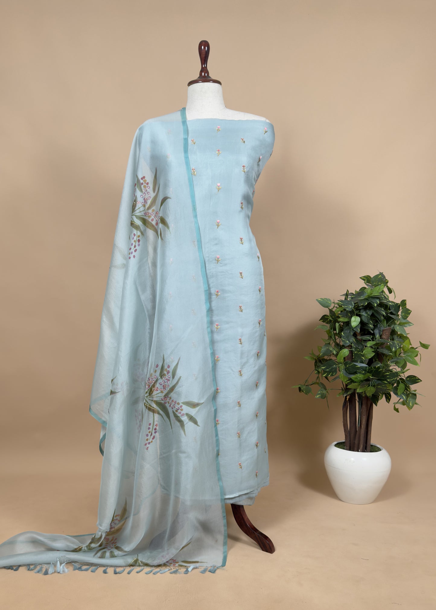 Blue Pure organza Unstitched suit with Resham Embroidery and Hand-painted Dupatta