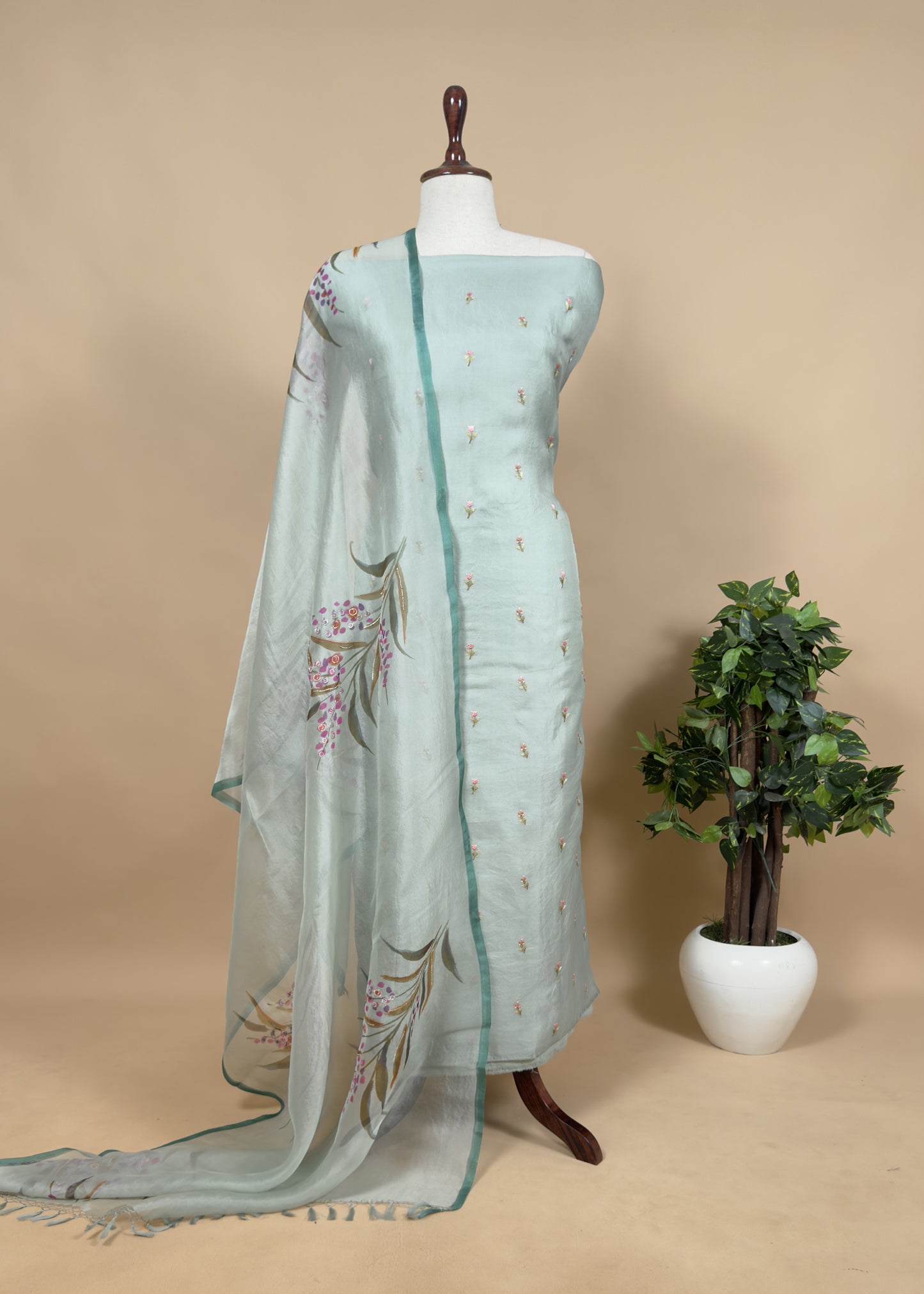 Blue Pure Organza Unstitched Suit With Resham Embroidery And Hand-Painted Dupatta