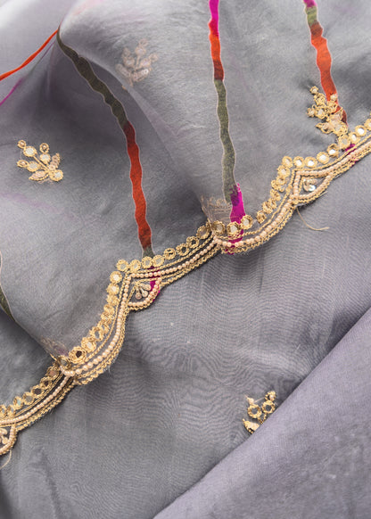Soft Blue Grey Luxe Handloom Organza Kurta And Leheriya Dupatta With Hand Work