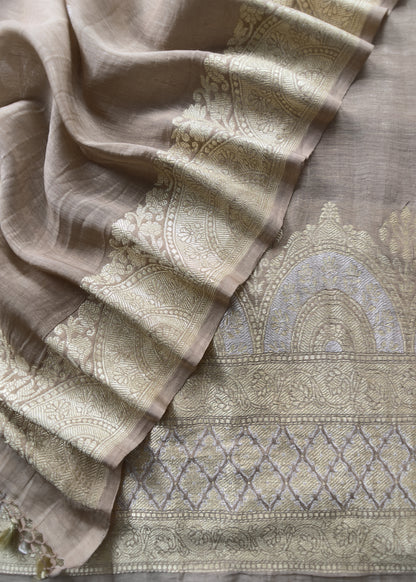 Handloom Brown Linen Silk With Kadwa Weaves