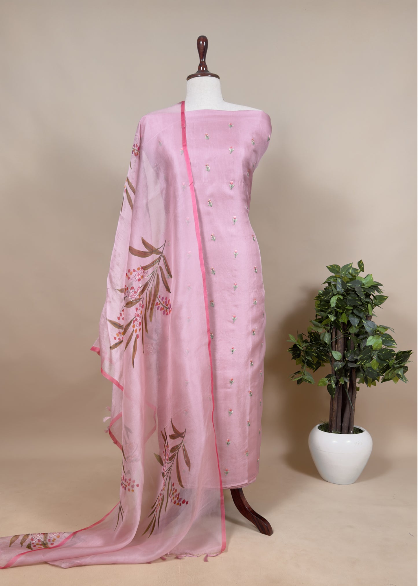 Pink Pure organza Unstitched suit with Resham Embroidery and Hand-painted Dupatta