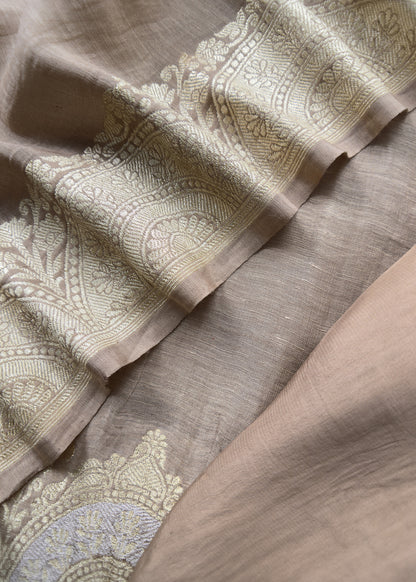 Handloom Brown Linen Silk With Kadwa Weaves