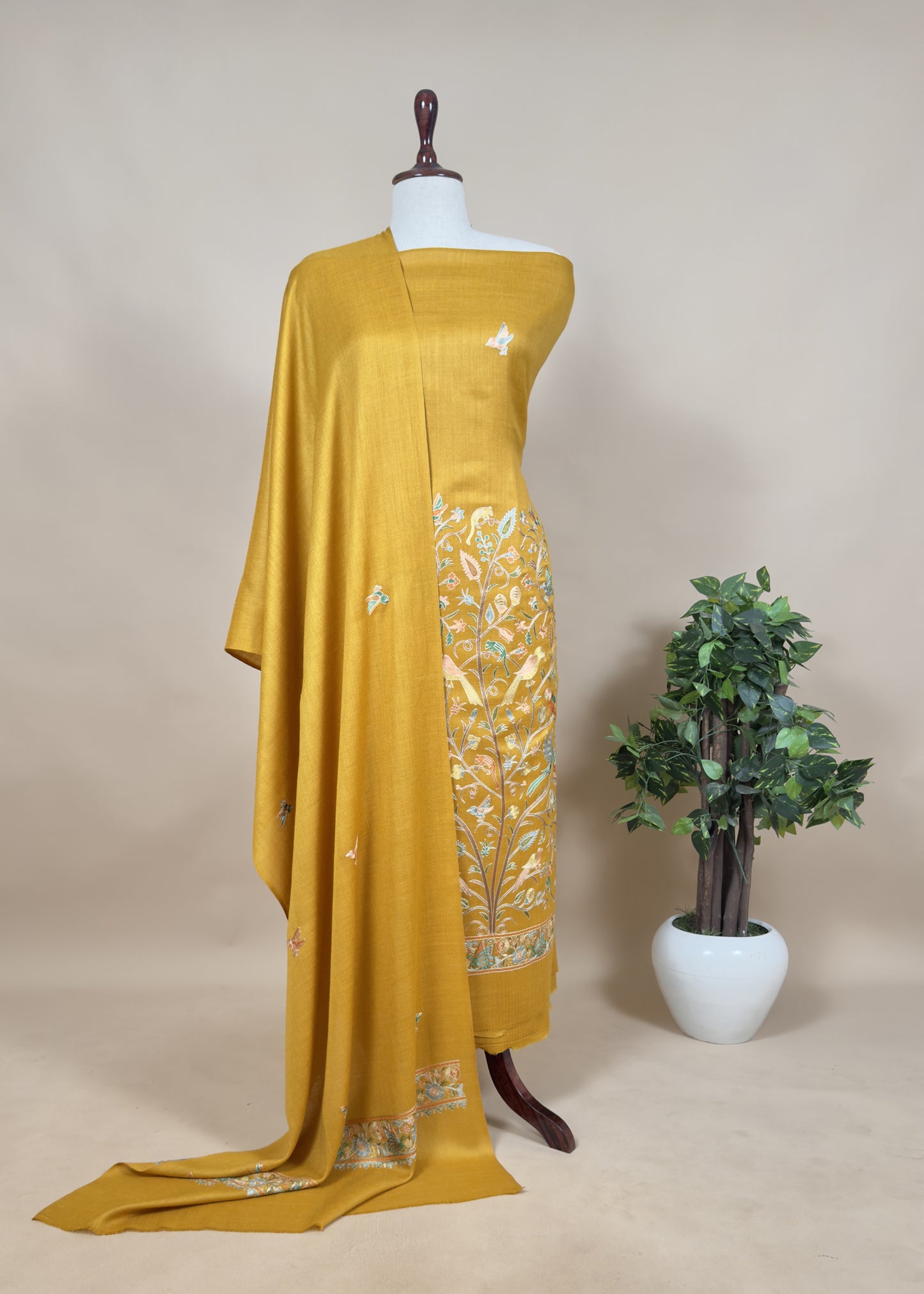 Yellow Unstitched Woolen Suit With Aari Zari Embroidery Work