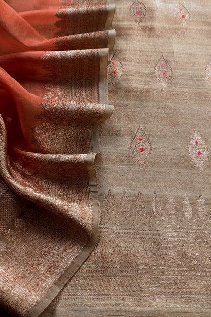 Brown Handloom Raw Silk Kurta And Kora Silk Dupatta With Meenkari Weaving