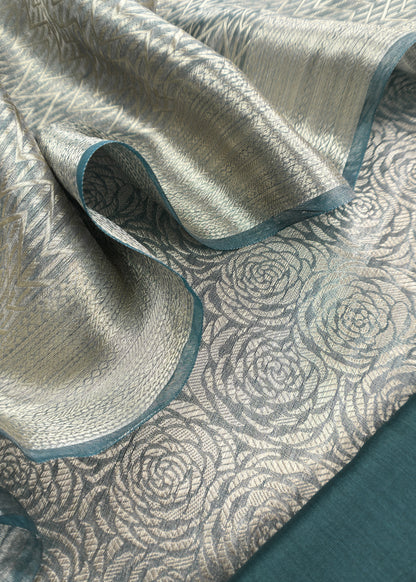 Lustre Green Roses Designer Pure Brocade Tissue Silk Suit fabric